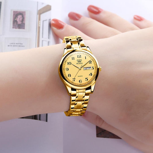 Reloj de pulsera de oro de cuarzo de acero inoxidable impermeable para mujer