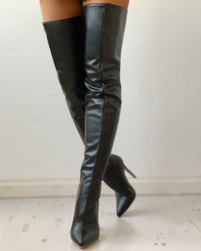 PU Zippper Thin Heeled Long Boots  faux leather over knee long boots