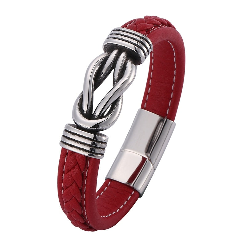 Red Leather Bracelets Handmade Stainless Steel