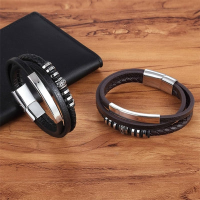 Stainless Steel Genuine Leather Bracelet Black/Brown