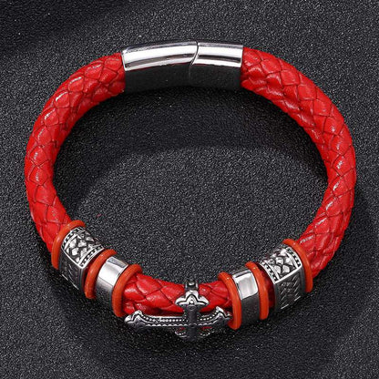 Bracelet Croix Cuir Double Tressé Rouge
