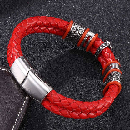 Bracelet Croix Cuir Double Tressé Rouge