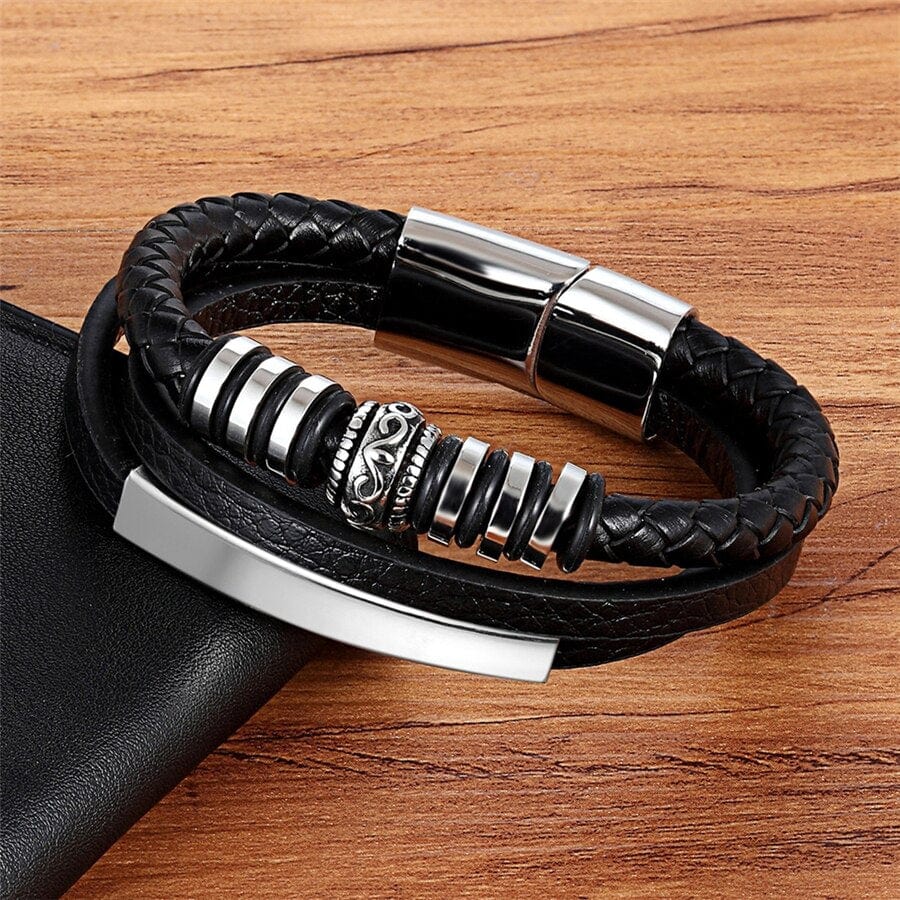 Bracelet Acier Inoxydable Cuir Véritable Noir/Marron