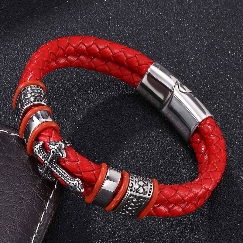 Red Double Braided Leather Cross Bracelet