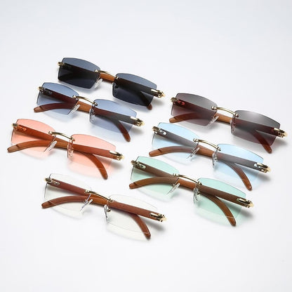 Vintage randlose rechteckige Sonnenbrille mit Holzmaserung