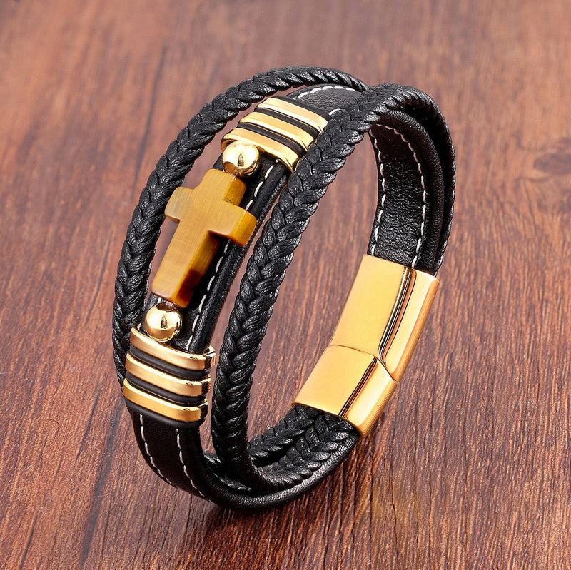 Leather Cord Tiger Eye Bracelets Charm Stainless Steel