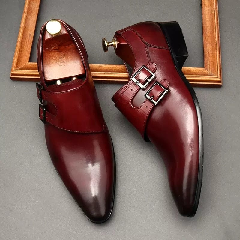 Zapatos de vestir de cuero genuino con doble hebilla para hombre