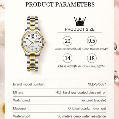 Waterproof Stainless Steel Quartz Woman Wristwatch Gold