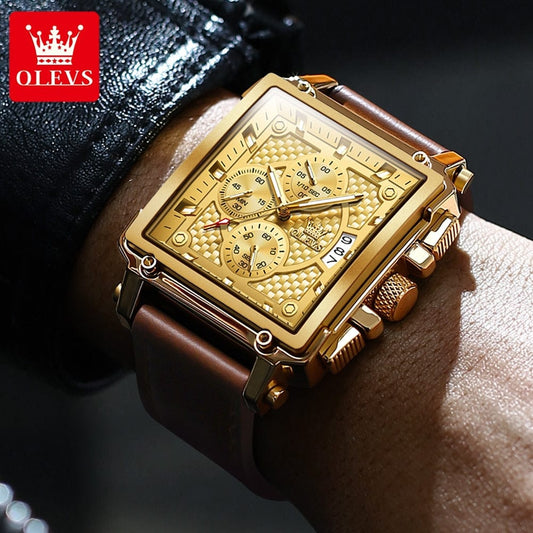 Luxuriöse quadratische Quarz-Armbanduhr mit Lederarmband