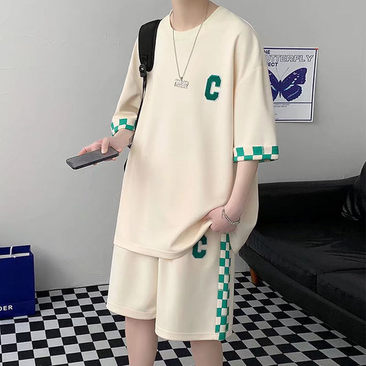 Camiseta para hombre, conjunto de pantalones cortos de 2 piezas, chándal blanco 2022 coreano de Harajuku, ropa de calle alta, traje corto para hombre con patrón creativo