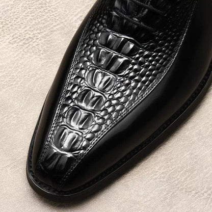 Chaussures En Cuir Véritable Motif Crocodile Noir Italien Bout Carré