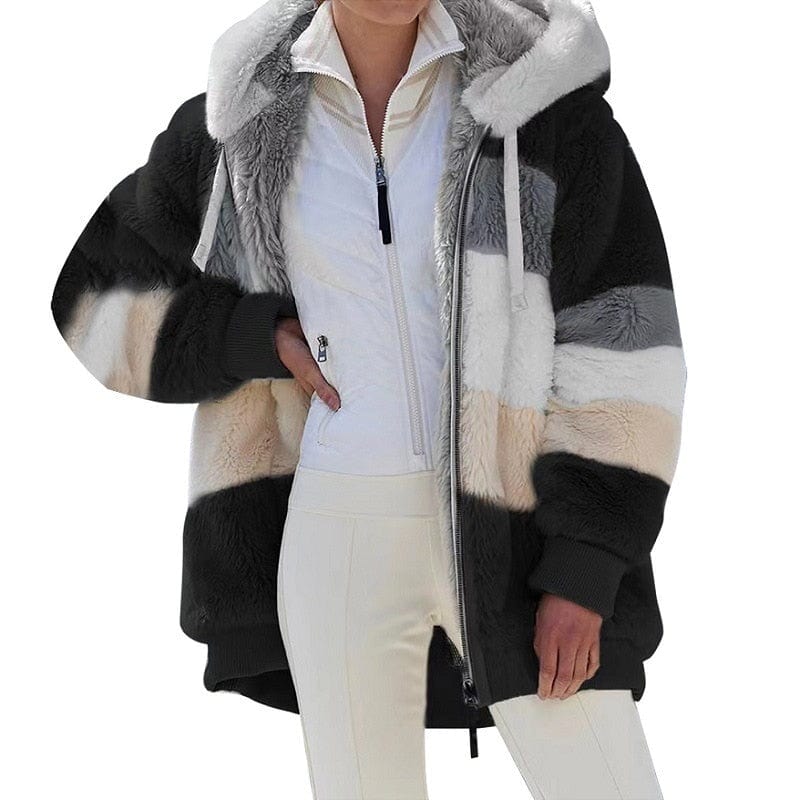 Veste d'hiver à capuche multicolore en peluche ample