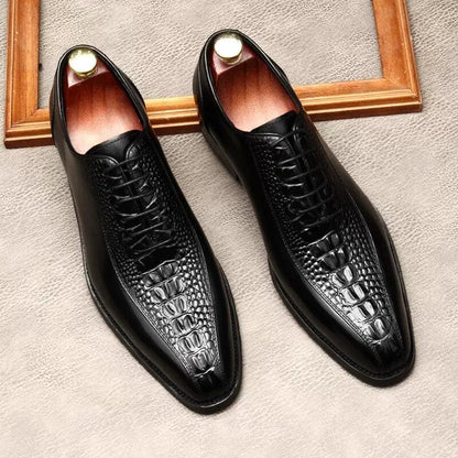 Chaussures En Cuir Véritable Motif Crocodile Noir Italien Bout Carré