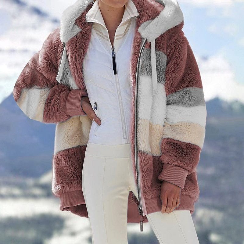 Veste d'hiver à capuche multicolore en peluche ample