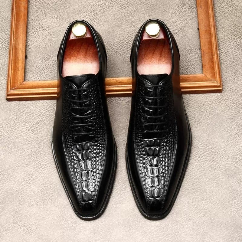 Zapatos de piel auténtica con patrón de cocodrilo, puntera cuadrada italiana negra