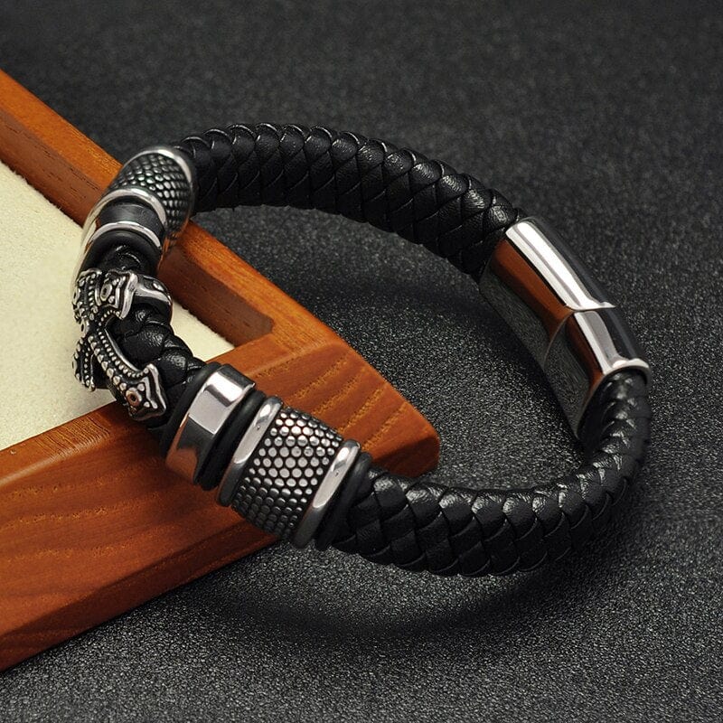 Bracelet en cuir véritable avec croix en acier au titane 