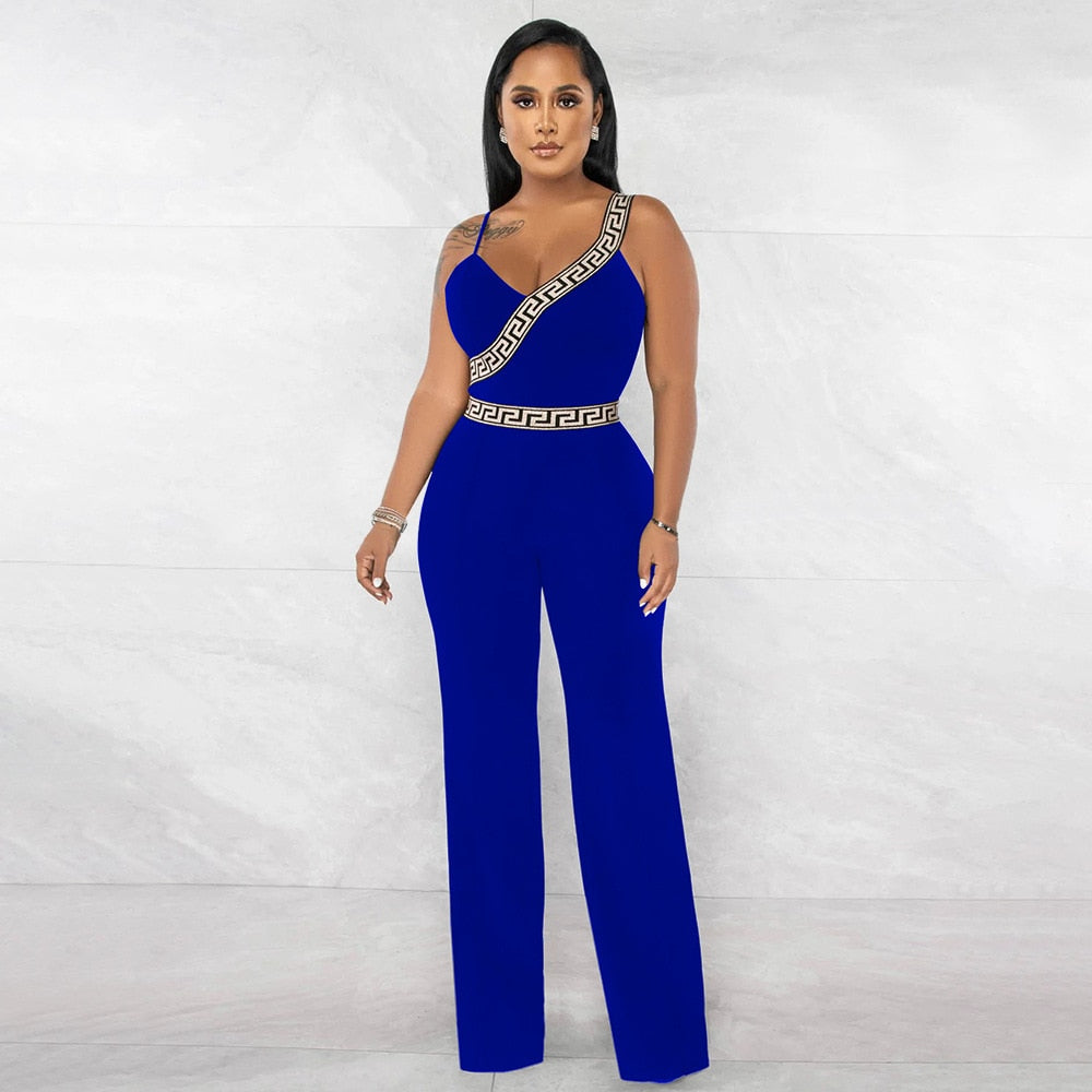 Jumpsuit  Printed Sexy V-Neck Sling High Waist Straight Pants