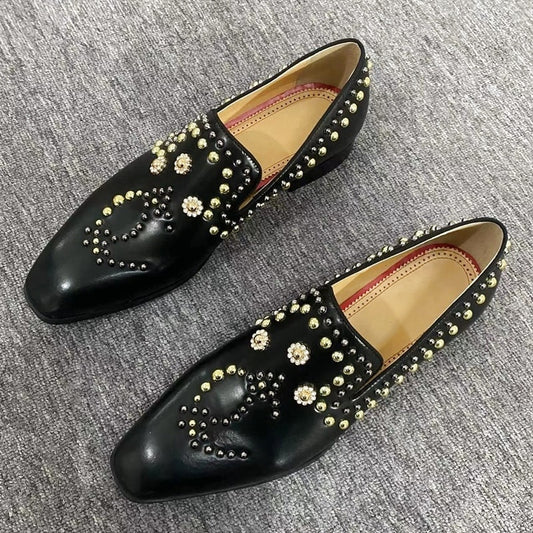 Black Genuine Leather Shoes Men Luxury Beaded Rivets Loafers