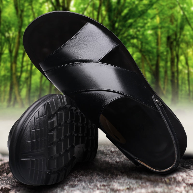 Dual-purpose beach shoes black cow leather thick