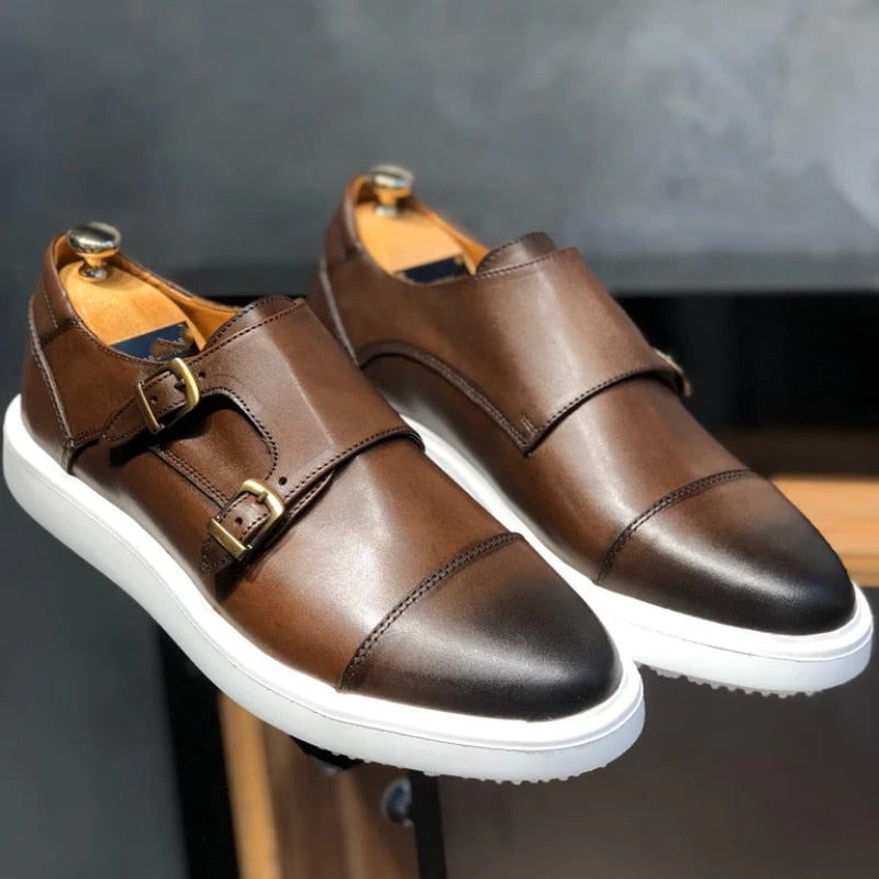 Double Buckle Monk Shoes Brown Handmade Casual Shoes